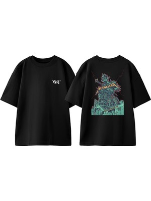 Metallica Green Skull Tasarım Sırt Baskılı Pamuk Siyah Oversize T-Shirt