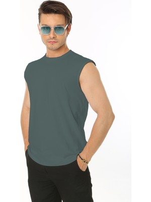 CHEISU Erkek Petrol Yeşili Bisiklet Yaka Tank Sıfır Kol Atlet %100 Pamuk T-Shirt