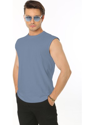 CHEISU Erkek Açık Indigo Bisiklet Yaka Tank Sıfır Kol Atlet %100 Pamuk T-Shirt