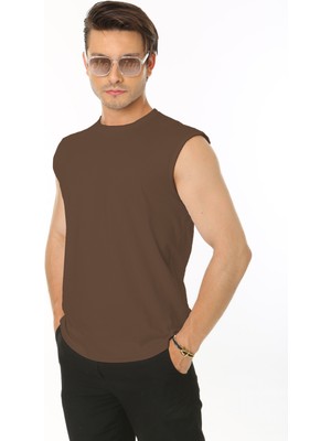 Erkek Kahverengi Bisiklet Yaka Tank Sıfır Kol Atlet %100 Pamuk T-Shirt