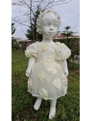 Kız Çocuk Bayram Doğum Günü Özel Gün Kısa Kollu Fiyonk Detaylı Güllü Elbise