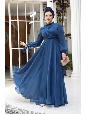 Drape Detaylı Lacivert Tesettür Abiye Elbise 4823L