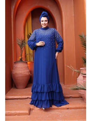 Boncuk Işlemeli Sax Mavisi Tesettür Abiye Elbise 25906SX