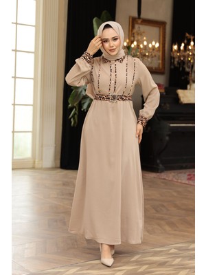 Leopar Detaylı Vizon Tesettür Elbise 10246V
