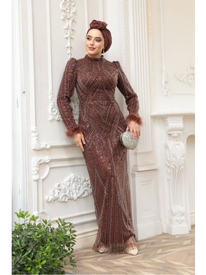 Boncuk Işlemeli Kahverengi Tesettür Abiye Elbise 51351KH