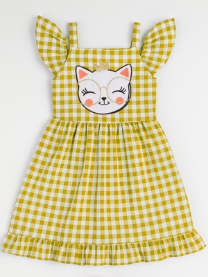 Sarı Ekoseli Fırfırlı Kız Çocuk Elbise