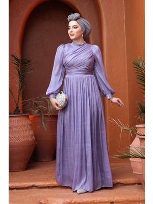 Drape Detaylı Lila Tesettür Abiye Elbise 44081LILA