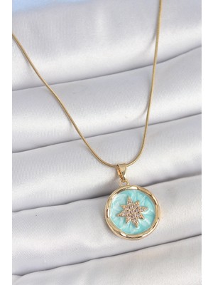 316L Çelik Gold Renk Zincir Mavi Mineli Zirkon Taşlı Kuzey Yıldız Işlemli Madalyon Model Kadın Kolye