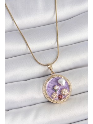 316L Çelik Gold Renk Zincir Mor Mineli Incili Çiçek Işlemeli Madalyon Model Kadın Kolye