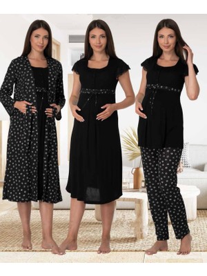 Dvina Effortt Lohusa 4'lü Set - Sabahlık/pijama Takımı/gecelik Siyah - 6016