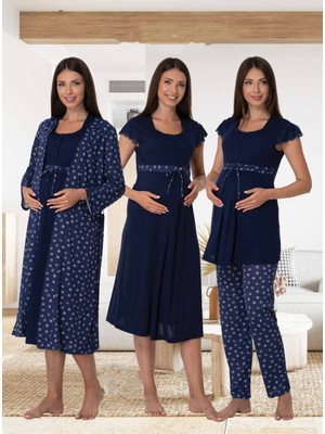 Dvina Effortt Lohusa 4'lü Set - Sabahlık/pijama Takımı/gecelik Lacivert - 6016