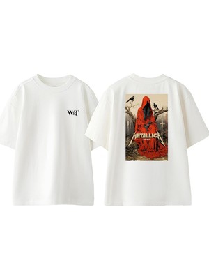Metallica Death Angel Tasarım Sırt Baskılı Pamuk Beyaz Oversize T-Shirt