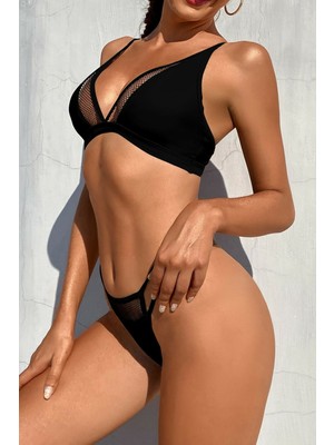 Kadın Siyah File Detaylı Özel Bikini Takımı