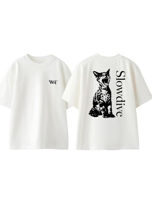 Cat Slowdive Tasarım Sırt Baskılı Pamuk Beyaz Oversize T-Shirt