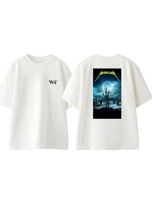 Metallica Skull Hand Tasarım Sırt Baskılı Pamuk Beyaz Oversize T-Shirt