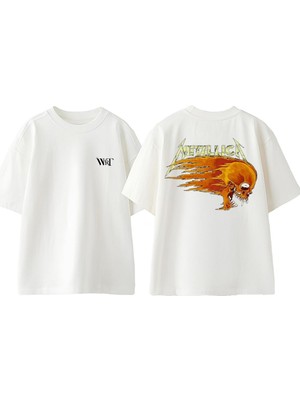 Metallica Fire Skull Tasarım Sırt Baskılı Pamuk Beyaz Oversize T-Shirt