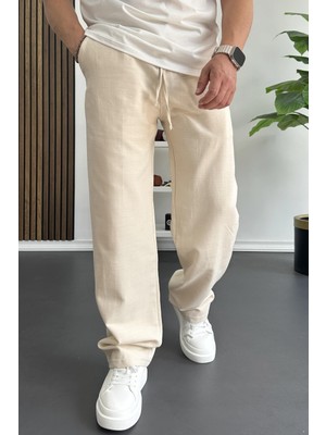 Erkek Beli Lastikli Baggy Kalıp Pantolon Krem EDW356
