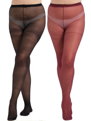 C&city İnce Büyük Beden 40 Opak 2'li Külotlu Çorap Bordo/Siyah