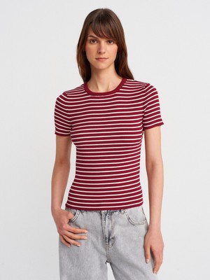 10758 Bisiklet Yaka Çizgili Basic Triko Bluz-Bordo-Ekru