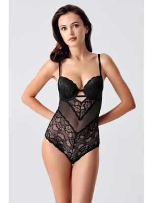 Dolgusuz Dantel Detaylı Bodysuit C15096 Siyah