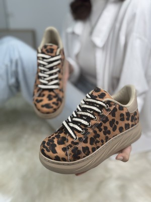 Günlük Kadın Sneaker Leopar Desenli Bağcıklı Oval Burun Yüksek Kalın Topuklu Spor Ayakkabı 313