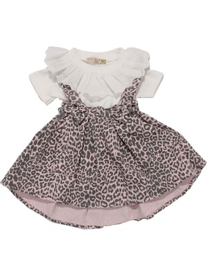 Kız Çocuk Beyaz Pembe Leopar Desenli Fiyonklu Kot Salopet Jile Elbise - 1015741