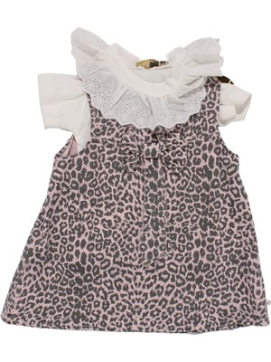 Kız Çocuk Beyaz Pembe Leopar Desenli Tek Fiyonklu Kot Elbise - 1015742