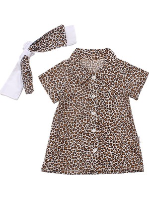 Kız Çocuk Kahve Leopar Desenli Tokalı Yakalı Gömlek Elbise - 1015728