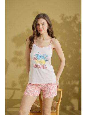 Kadın Desenli Bisiklet Yaka Düğmesiz Pamuklu Yazlık Ip Askılı Kol Mini Şortlu Pijama Takımı