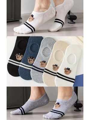 Trampler Kadın 5 Çift Görünmez Babet Çorap Ayıcık Desenli Çizgili Renkli Çorap