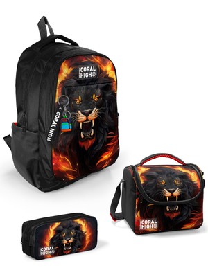 Coral High Kids Siyah Aslan Desenli 3’lü Okul Çanta Seti SET0123671