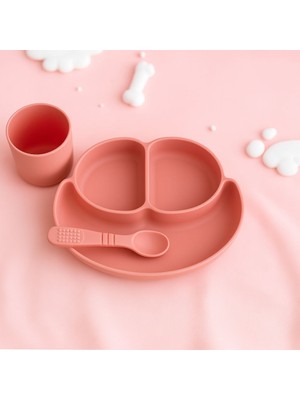 Silikon Bebek Mama Seti- 3 Bölmeli Mama Tabağı Bardak ve Kaşık Seti