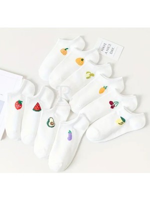 Trampler Kadın 10 Çift Beyaz Babet Meyve Sebze Desenli Görünmez Çorap