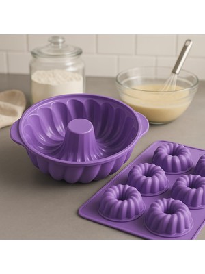 Silikon Yuvarlak Dilimli Kek Kalıbı ve Figürlü 6lı Tepsi Muffin Kalıp Mor Kek Kalıbı