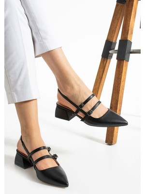 Albishoes Kadın Kare Topuklu 5 cm Rugan Arkası Açık Sivri Burun Ayakkabı Alçak Topuk Kadın Ayakkabı