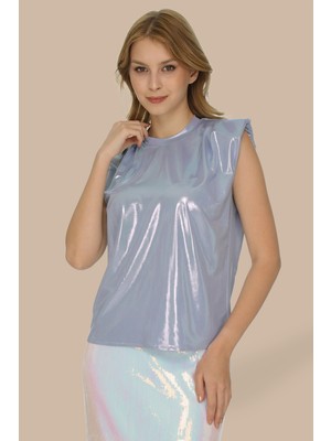 Elifnaz Moda Evi Parlak Kolsuz Vatkalı Oversize T-Shirt