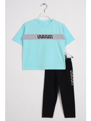 Bisiklet Yaka Kısa Kol Yazı Baskılı Mint Renk Kız Çocuk Taytlı Takım