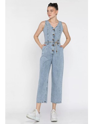 Ön Düğmeli Kemerli Jean Kot Tulum Salopet P-00016863
