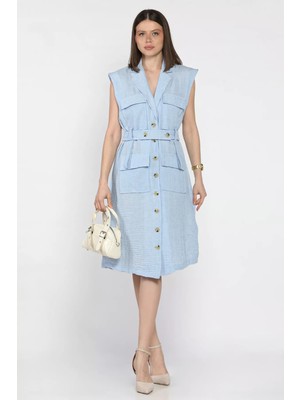 Kadın Kruvaze Yaka Kuşak Detaylı Boydan Düğmeli Elbise P-00016871