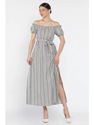 Kadın Kol ve Bel Lastikli Kuşak Detaylı Çizgi Desenli Çift Yırtmaçlı Elbise P-00016615