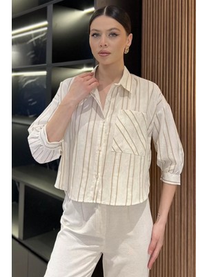 Gülseli Çizgili Cepli Kadın Keten Gömlek P-00016621