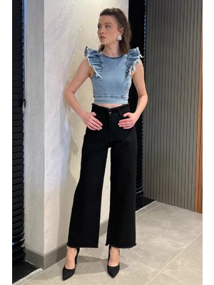 Gülseli Kadın Bel ve Paça Püsküllü Yüksek Bel Jean Kot Pantolon P-00016786