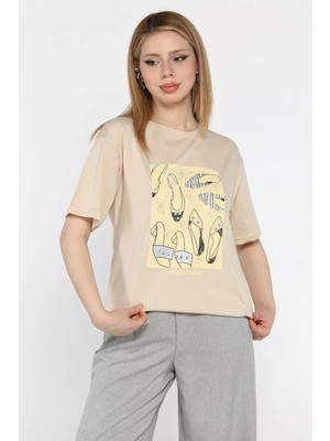 Gülseli Kadın Bisiklet Yaka Taş Işlemeli Baskılı Kadın Tişört P-00016725