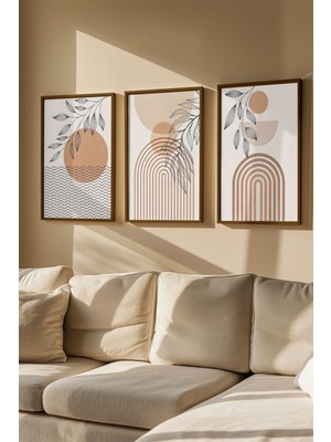 3 Parça Kahverengi Gerçek Ahşap Çerçeveli Tablo Seti - Model 12
