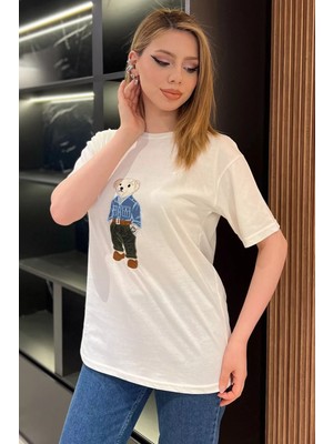 Gülseli Bisiklet Yaka Aplikeli Kadın Tişört P-00016707