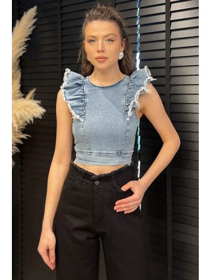 Gülseli Kadın Omuz Fırfırlı Sırt Fermuarlı Jean Kot Bluz P-00016708