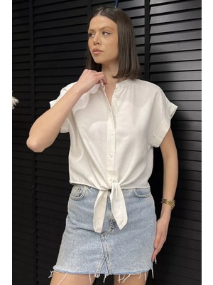 Gülseli Kadın Ön Bağlamalı Duble Kol Keten Gömlek P-00016703