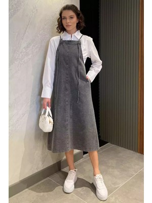 Gülseli Kadın Ayarlanabilir Askılı Cepli Jean Kot Salopet Elbise P-00015387