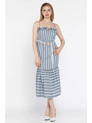 Kadın Ayarlanabilir Askılı Fırfırlı Hasır Kemerli Çizgi Desenli Elbise P-00016695
