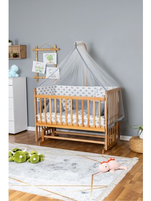 Carino Wins Ahşap Beşik Anne Yanı Yeni Doğan Asya Organik Bebek Beşiği Gri Balina Uyku Setli
